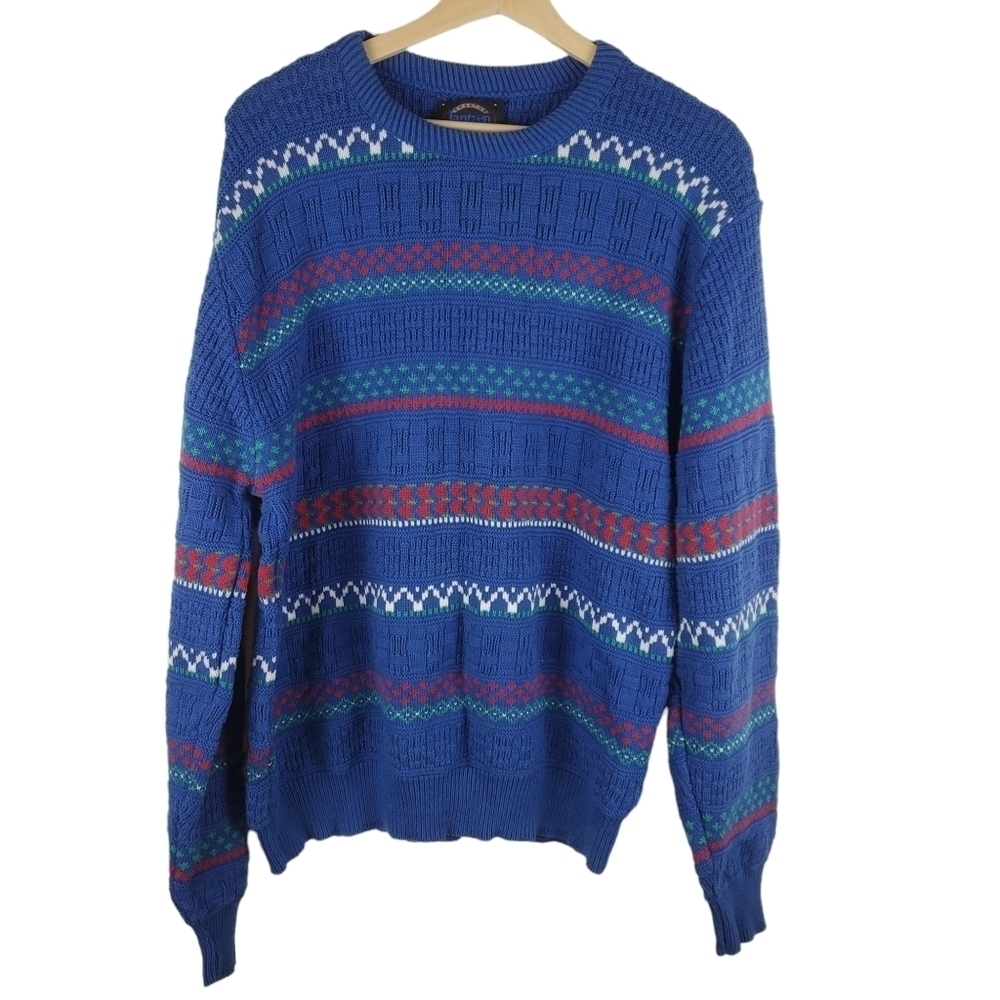 Vintage Jantzen Sweater Mens XL Blue Red Fair Isle Ski Nordic 90s Grandpa